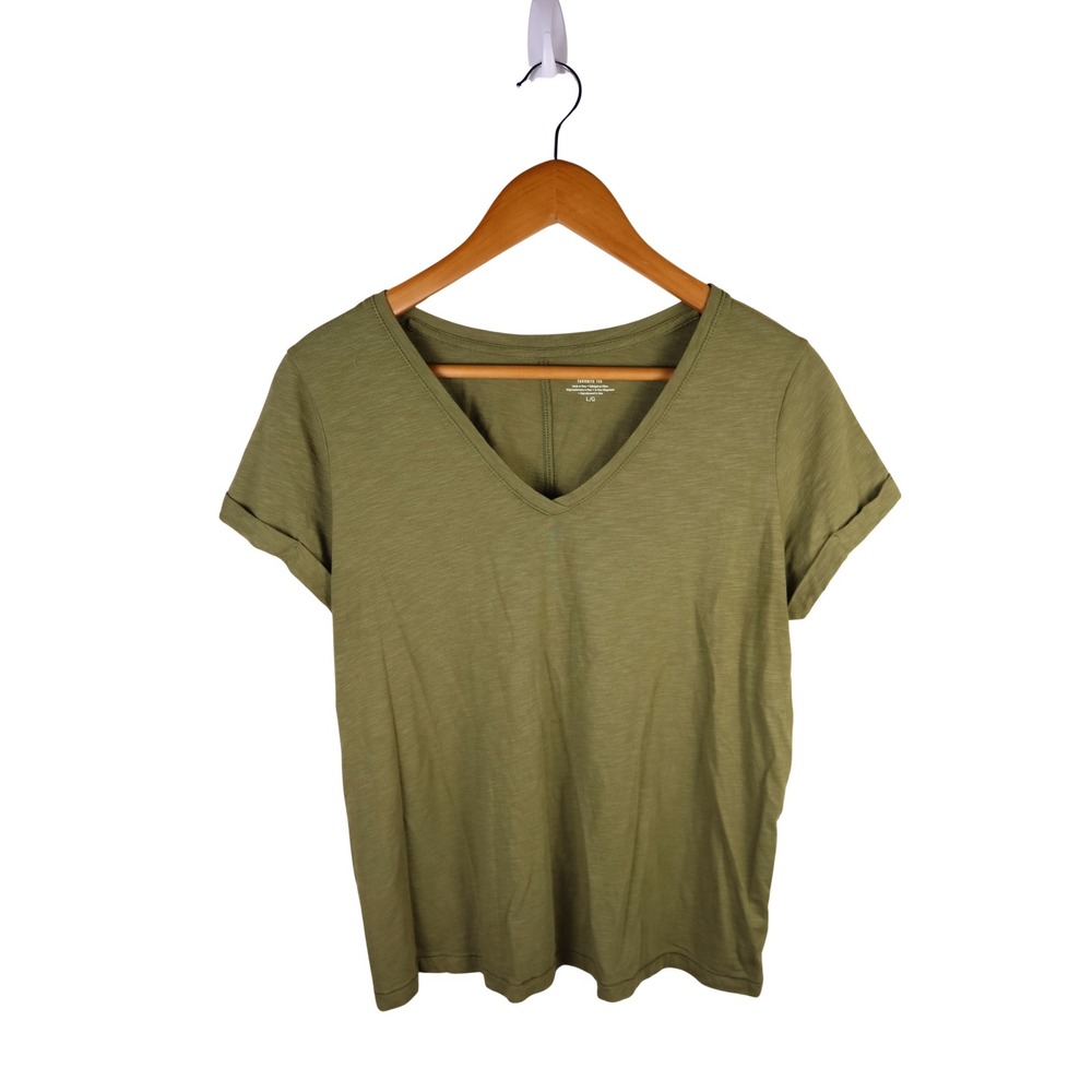Max Studio Women Olive Green V-Neck Slub Knit T-Shirt Size Large Excellent